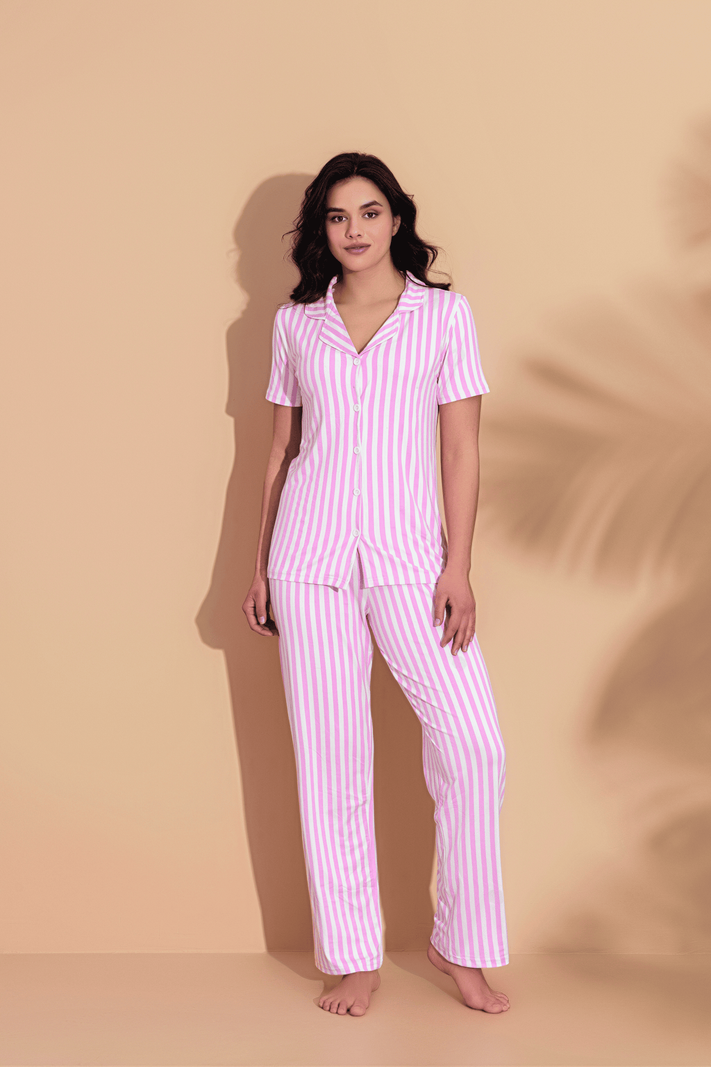 Kadın Pembe Çizgili Kısa Kol Gömlek Yaka Pijama Takımı