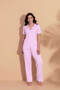 Kadın Pembe Çizgili Kısa Kol Gömlek Yaka Pijama Takımı
