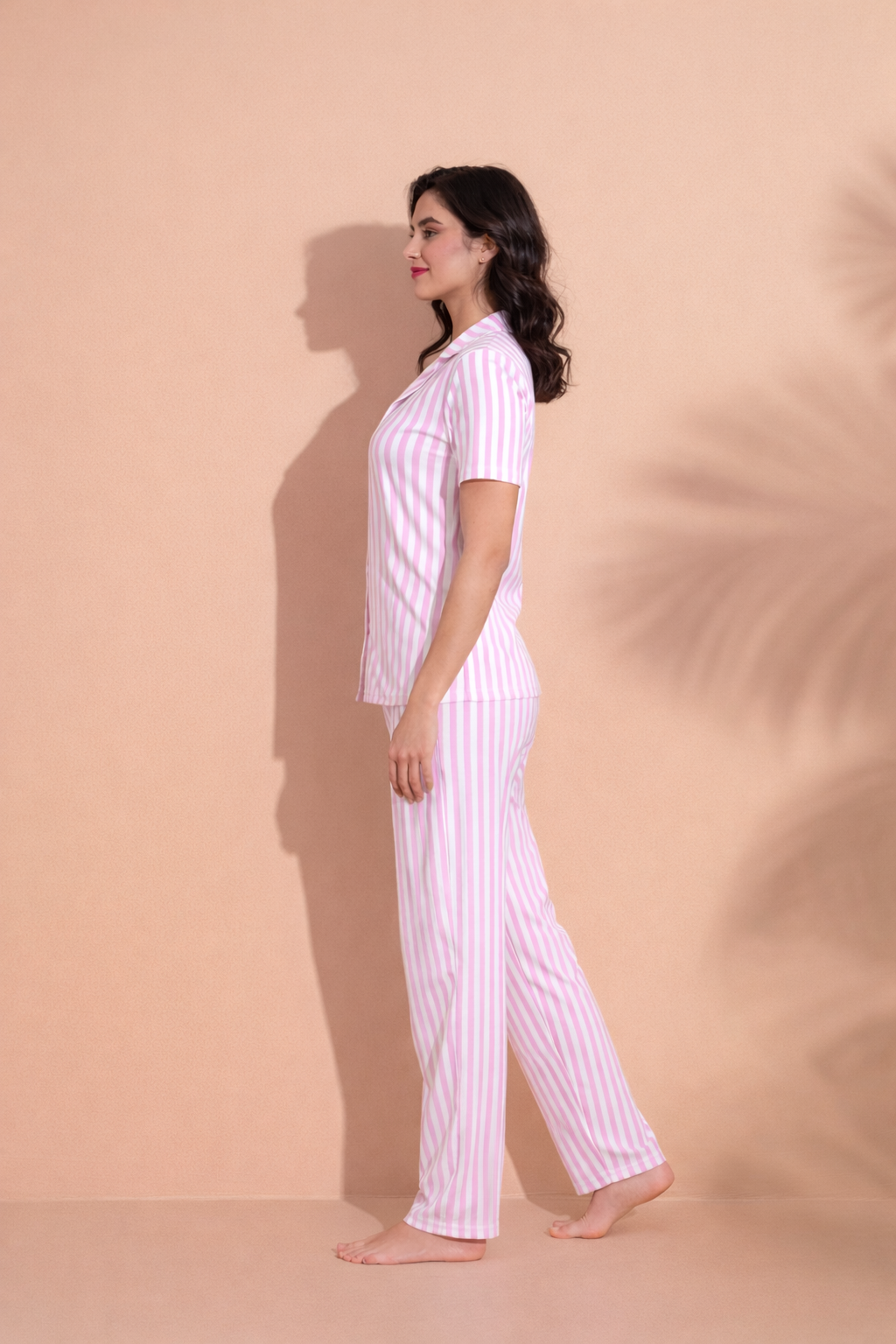 Kadın Pembe Çizgili Kısa Kol Gömlek Yaka Pijama Takımı