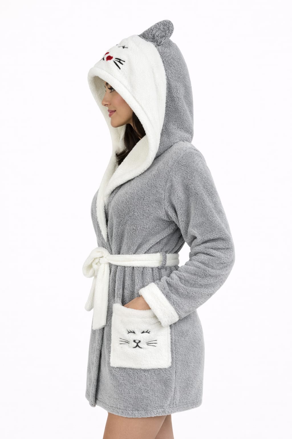 Kadın Kedi Nakışlı Kapüşonlu Sabahlık