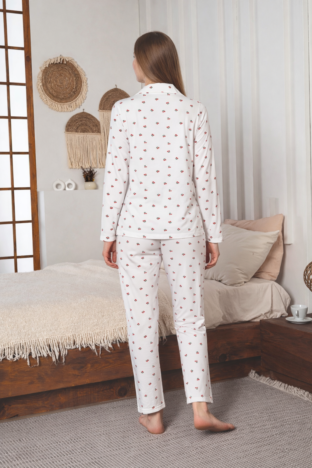 Kadın Cherry Uzun Kol Gömlek Yaka Pijama Takımı