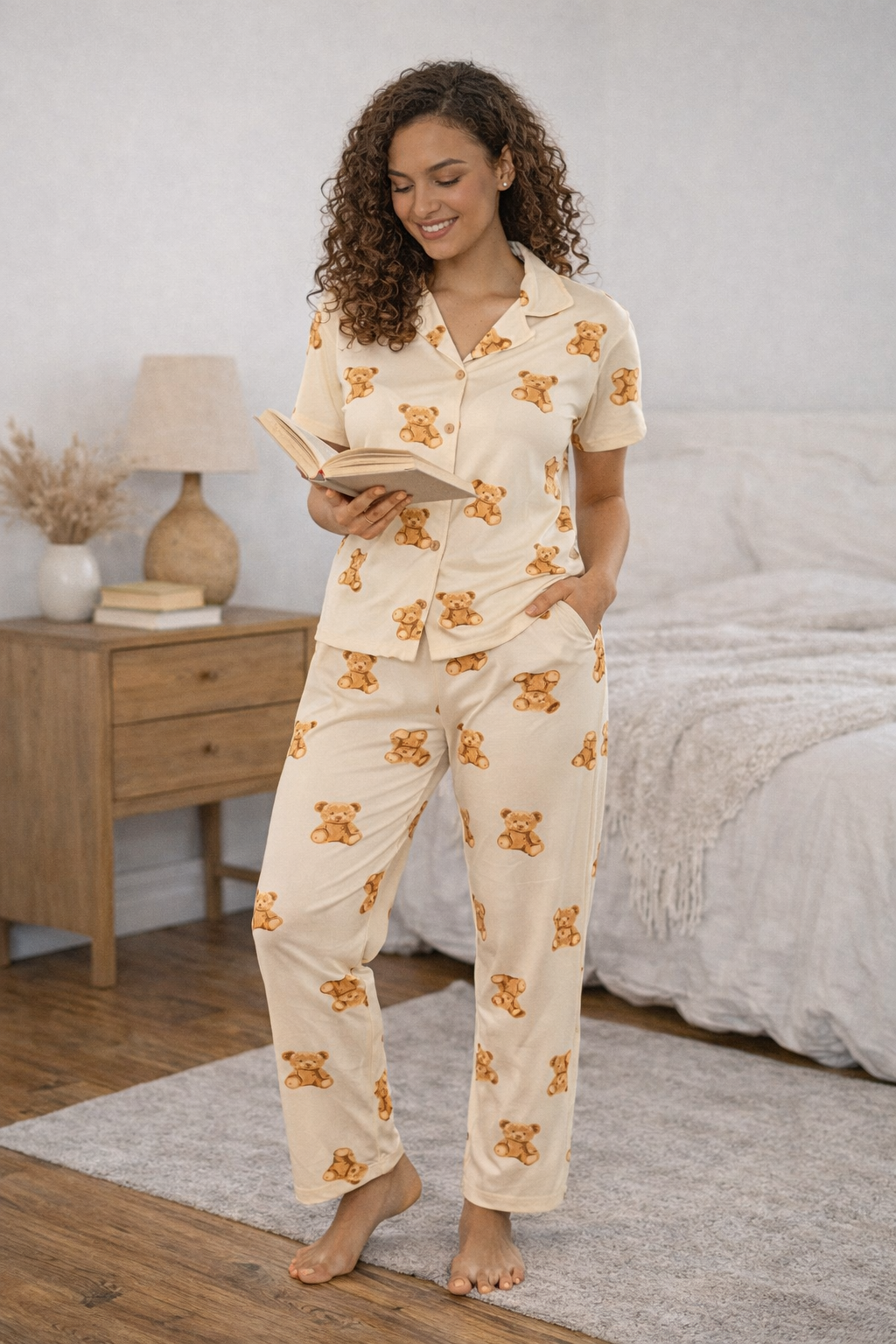 Kadın Teddy Kısa Kol Gömlek Yaka Pijama Takımı