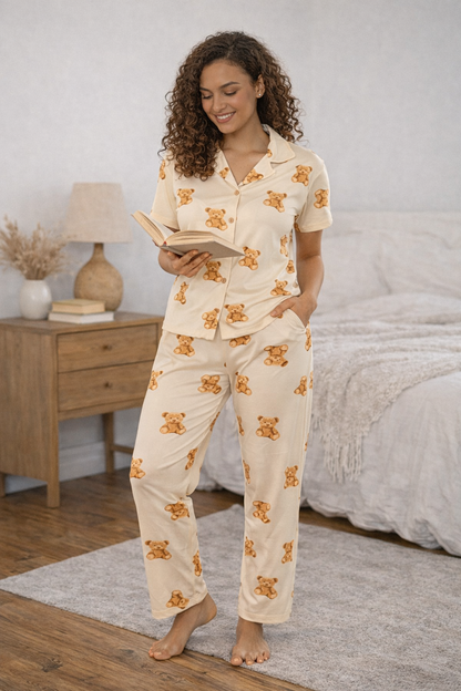 Teddy Kısa Kol Gömlek Yaka Pijama Takımı