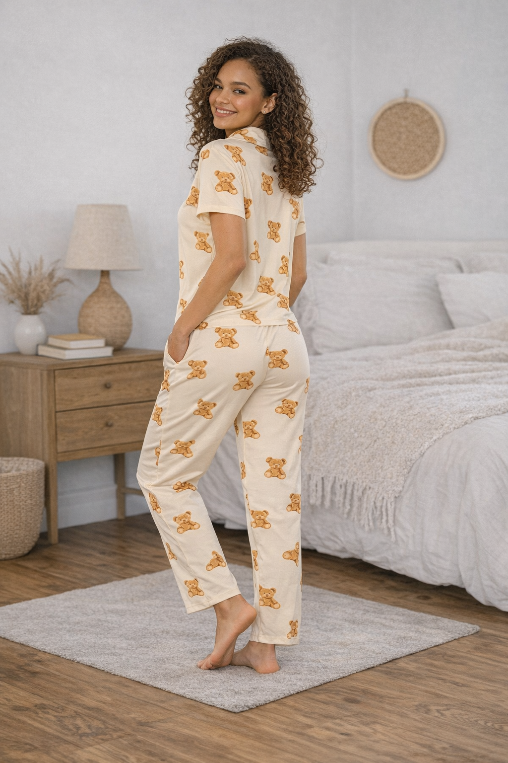Kadın Teddy Kısa Kol Gömlek Yaka Pijama Takımı