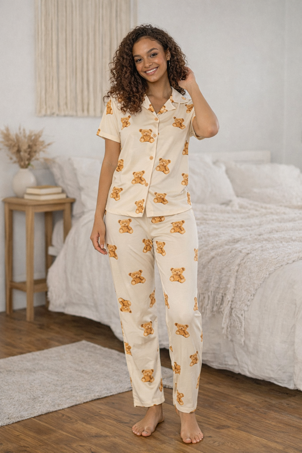 Kadın Teddy Kısa Kol Gömlek Yaka Pijama Takımı