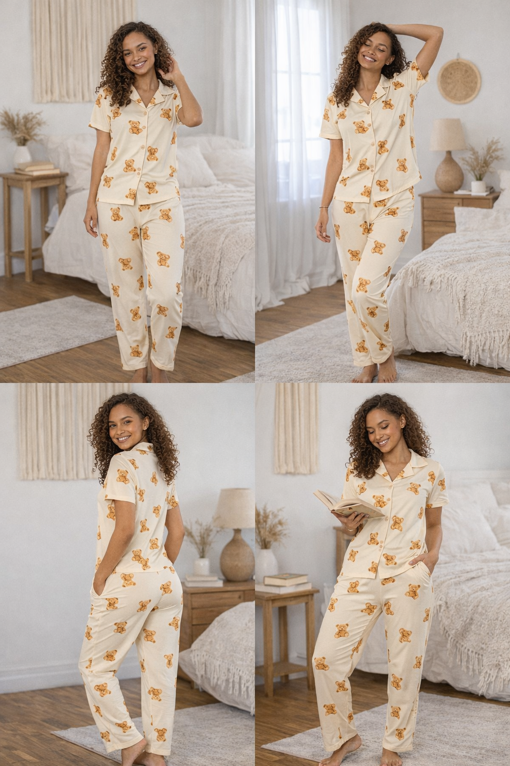 Kadın Teddy Kısa Kol Gömlek Yaka Pijama Takımı