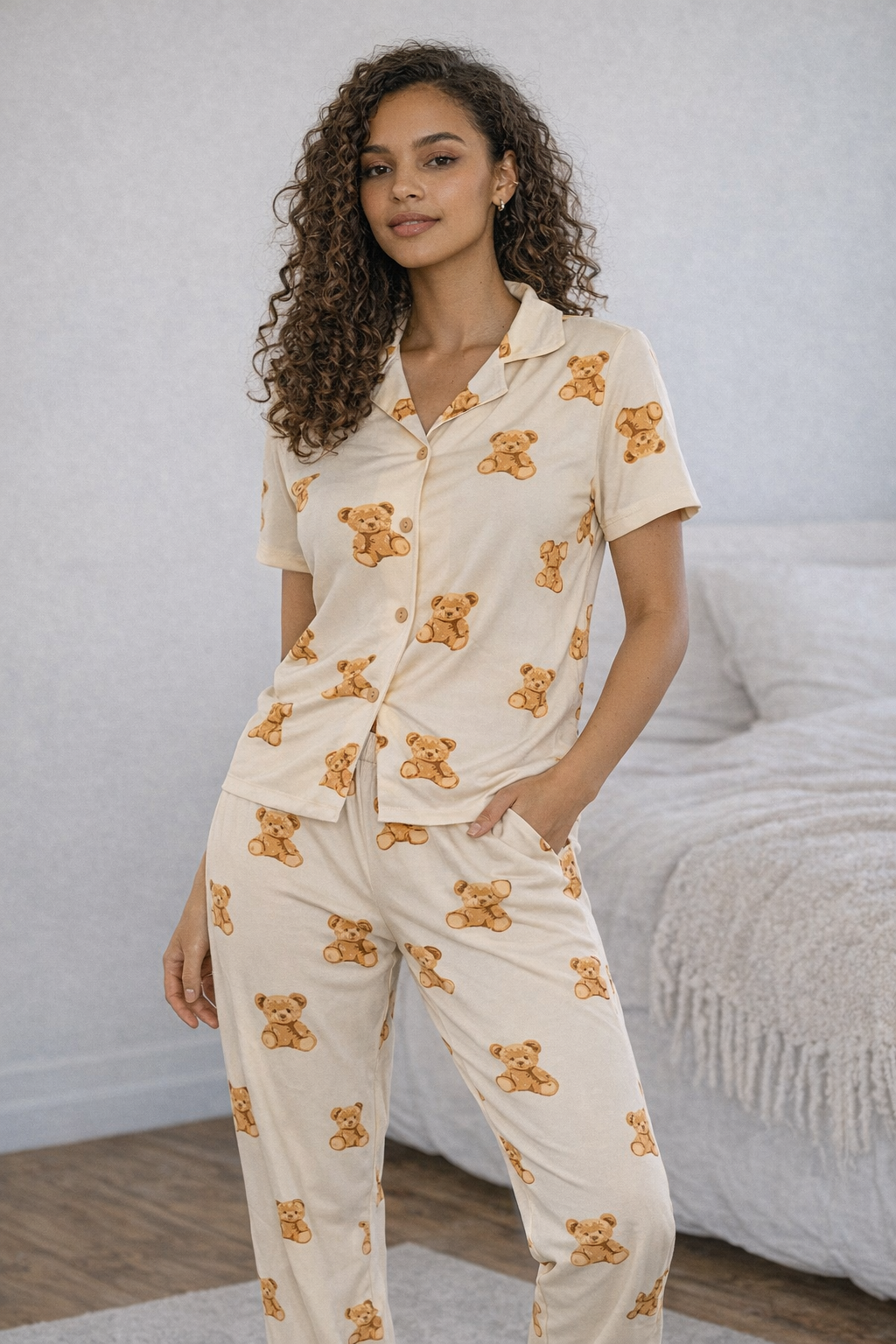 Kadın Teddy Kısa Kol Gömlek Yaka Pijama Takımı
