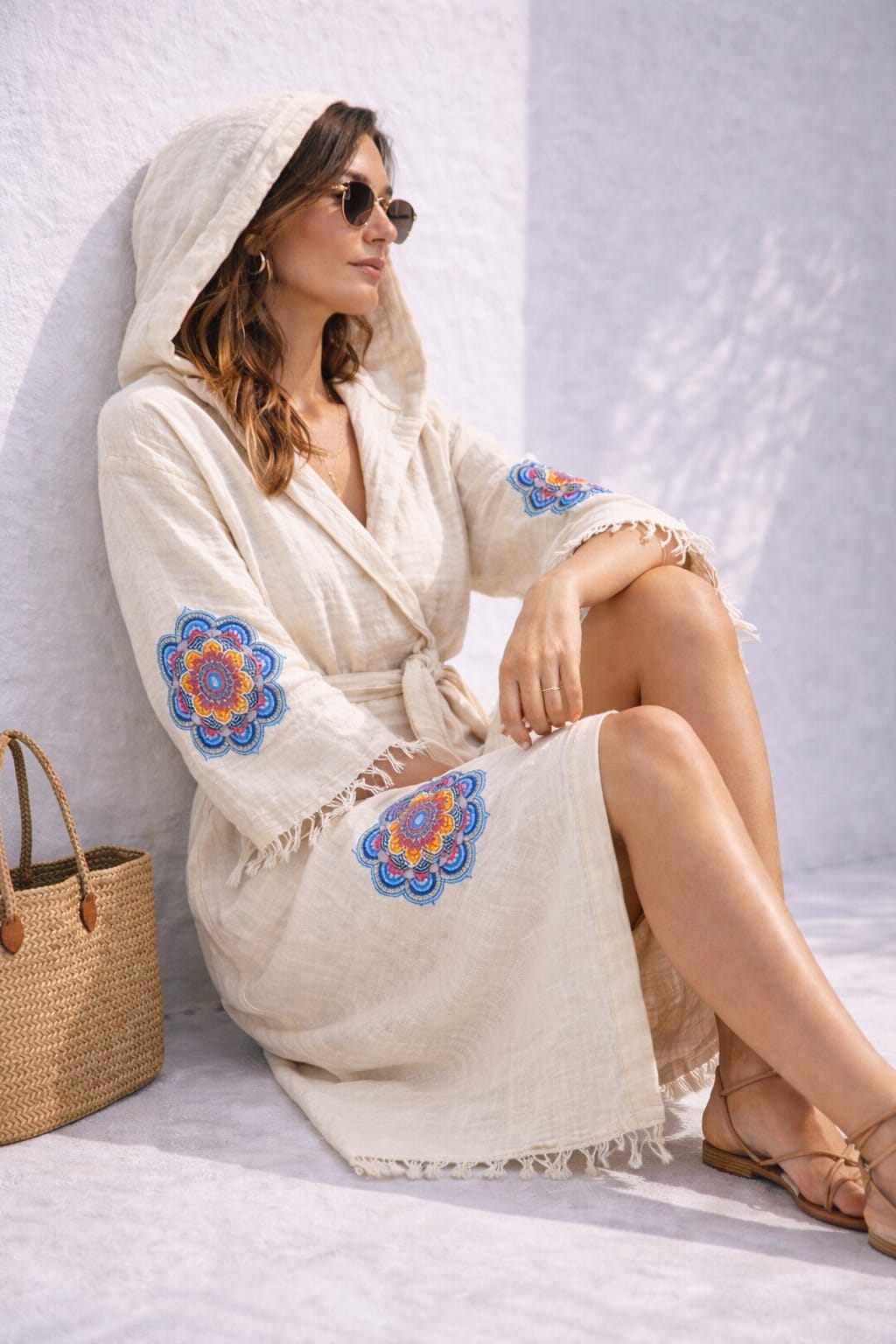 Kadın Müslin Ethnic Desen Kapüşonlu Bornoz Kimono