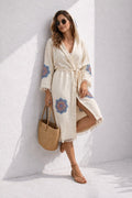 Kadın Müslin Ethnic Desen Kapüşonlu Bornoz Kimono