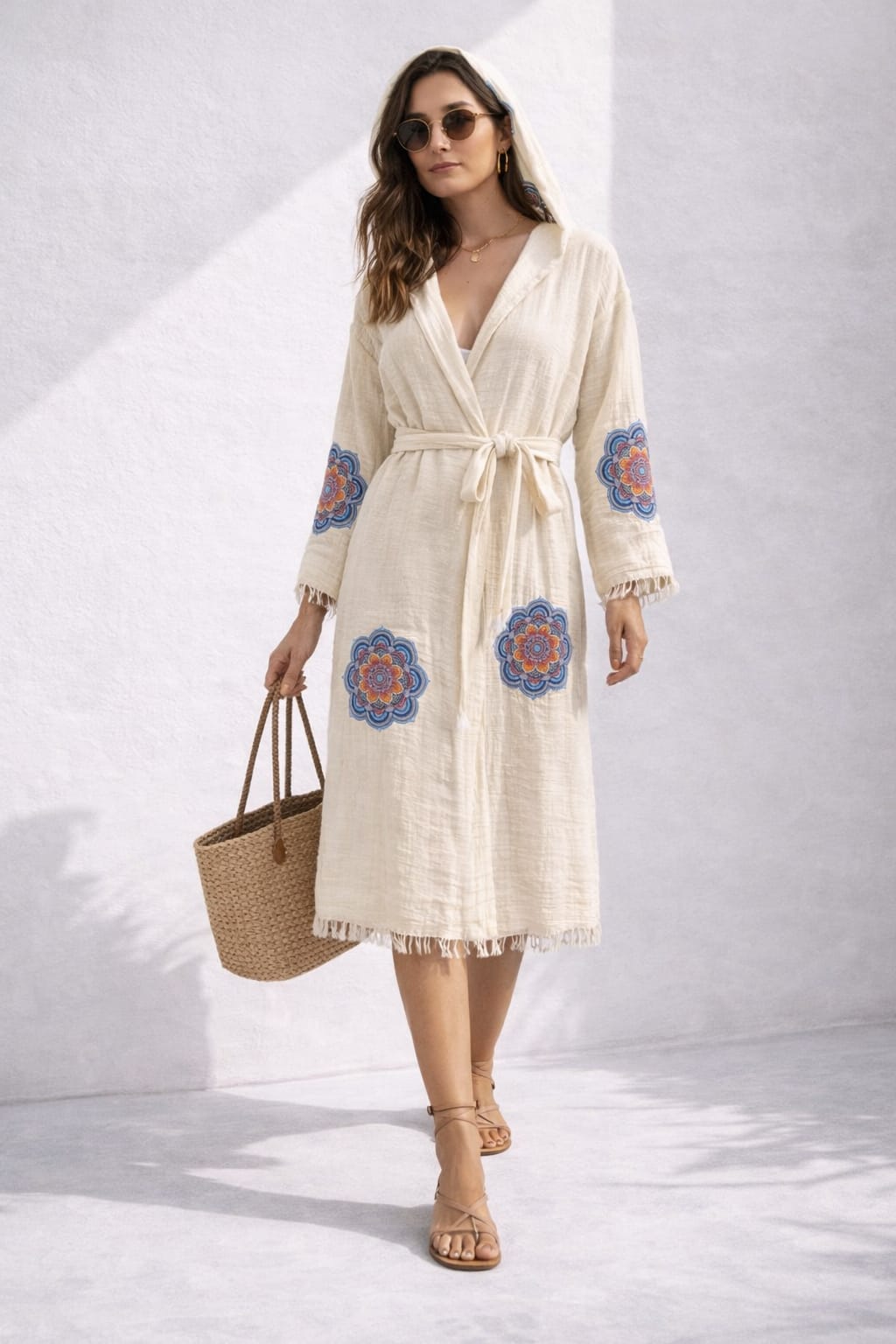 Kadın Müslin Ethnic Desen Kapüşonlu Bornoz Kimono