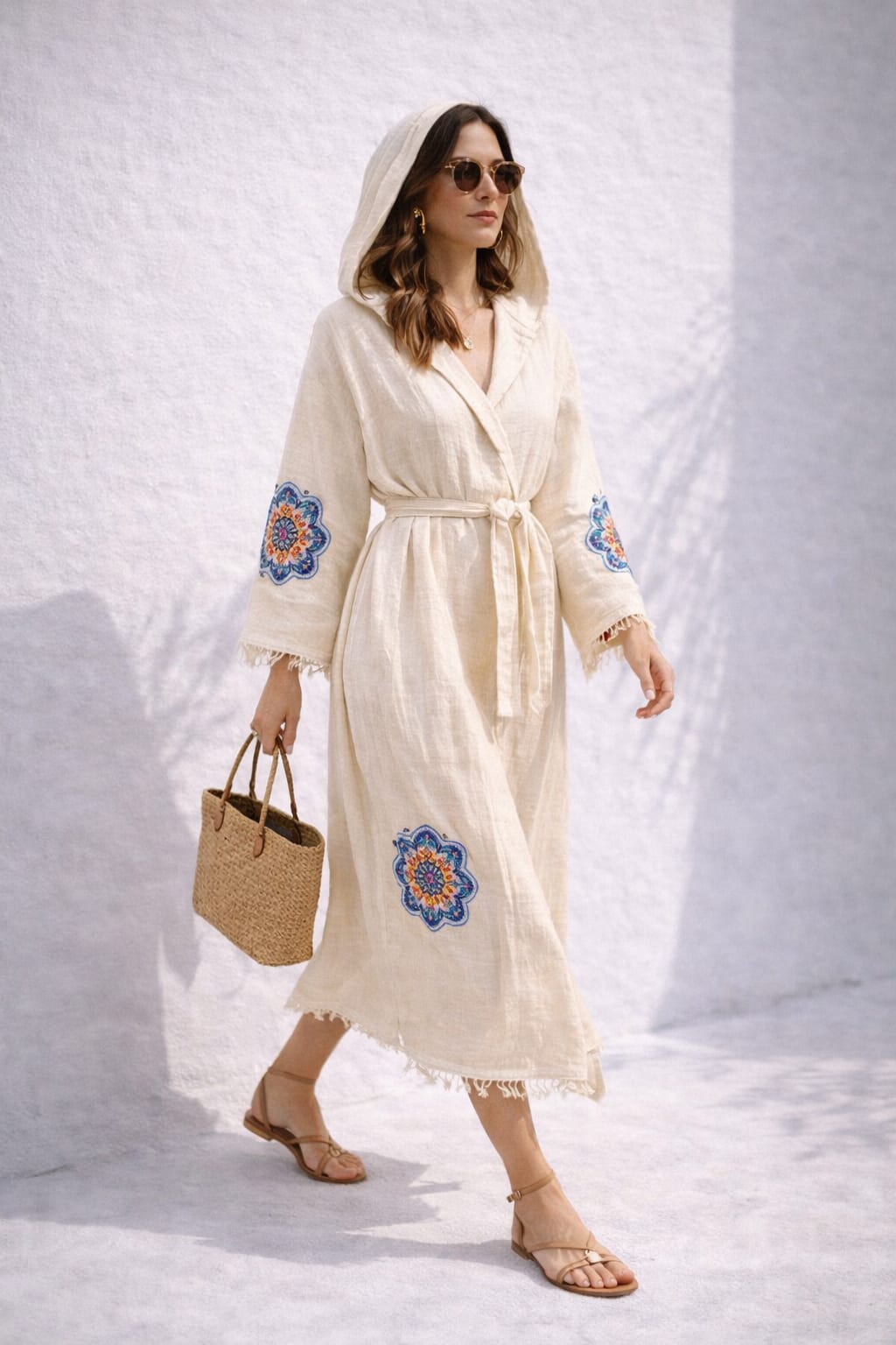 Kadın Müslin Ethnic Desen Kapüşonlu Bornoz Kimono