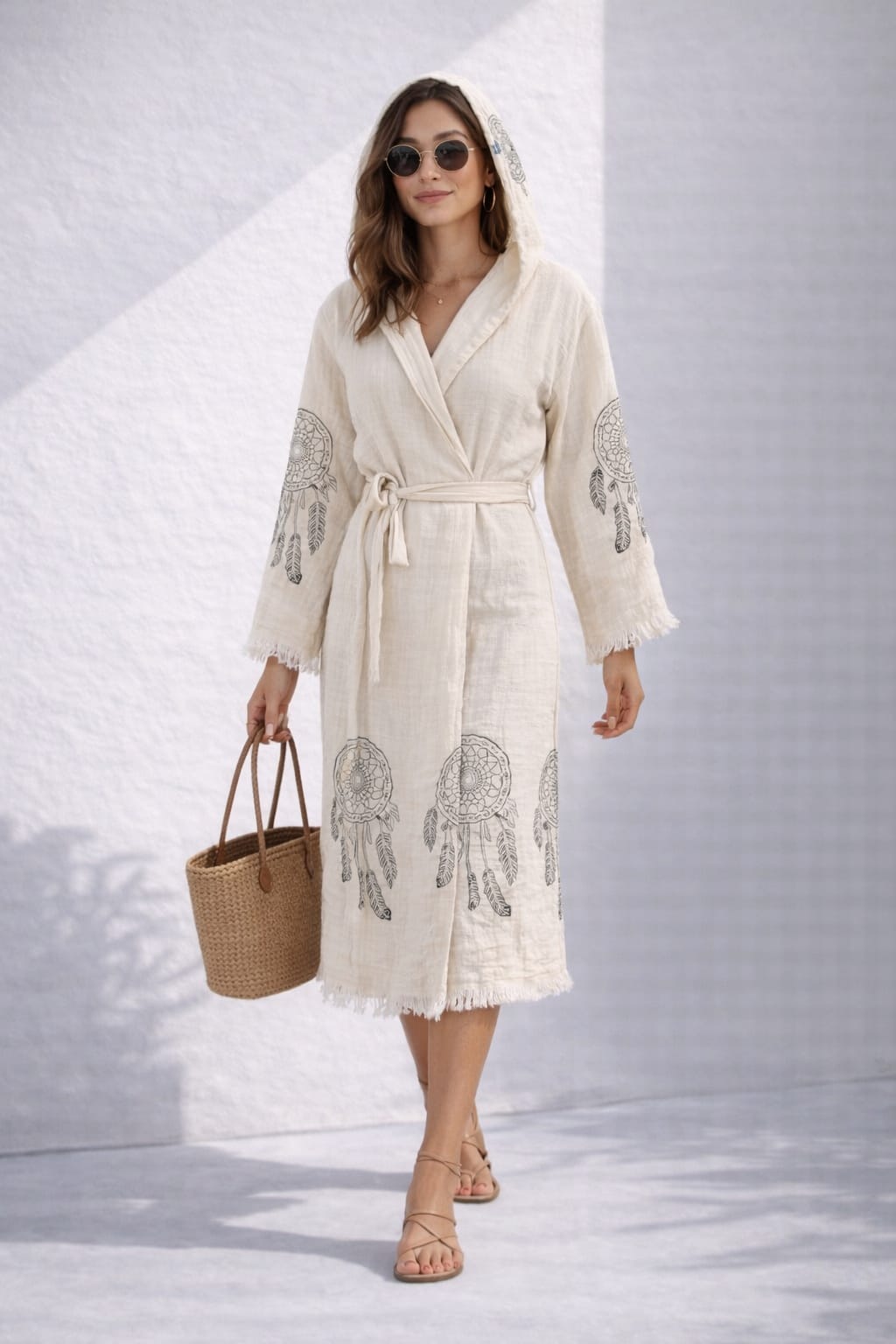 Kadın Müslin Tüy Desen Kapüşonlu Bornoz Kimono