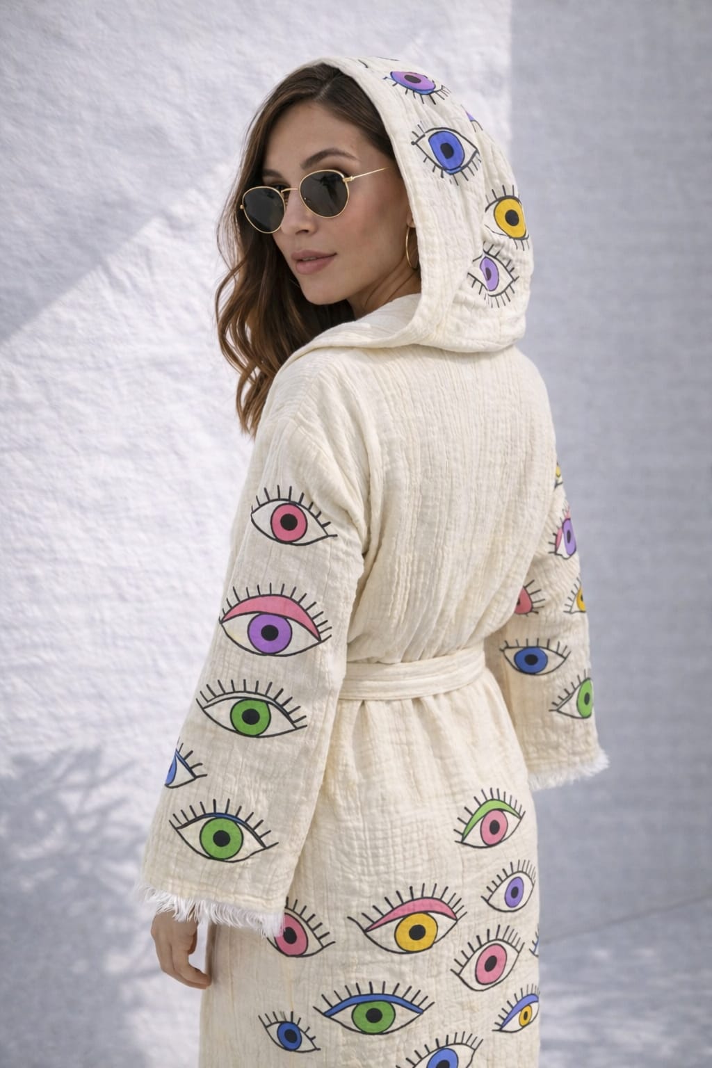 Kadın Müslin Göz Desen Kapüşonlu Bornoz Kimono
