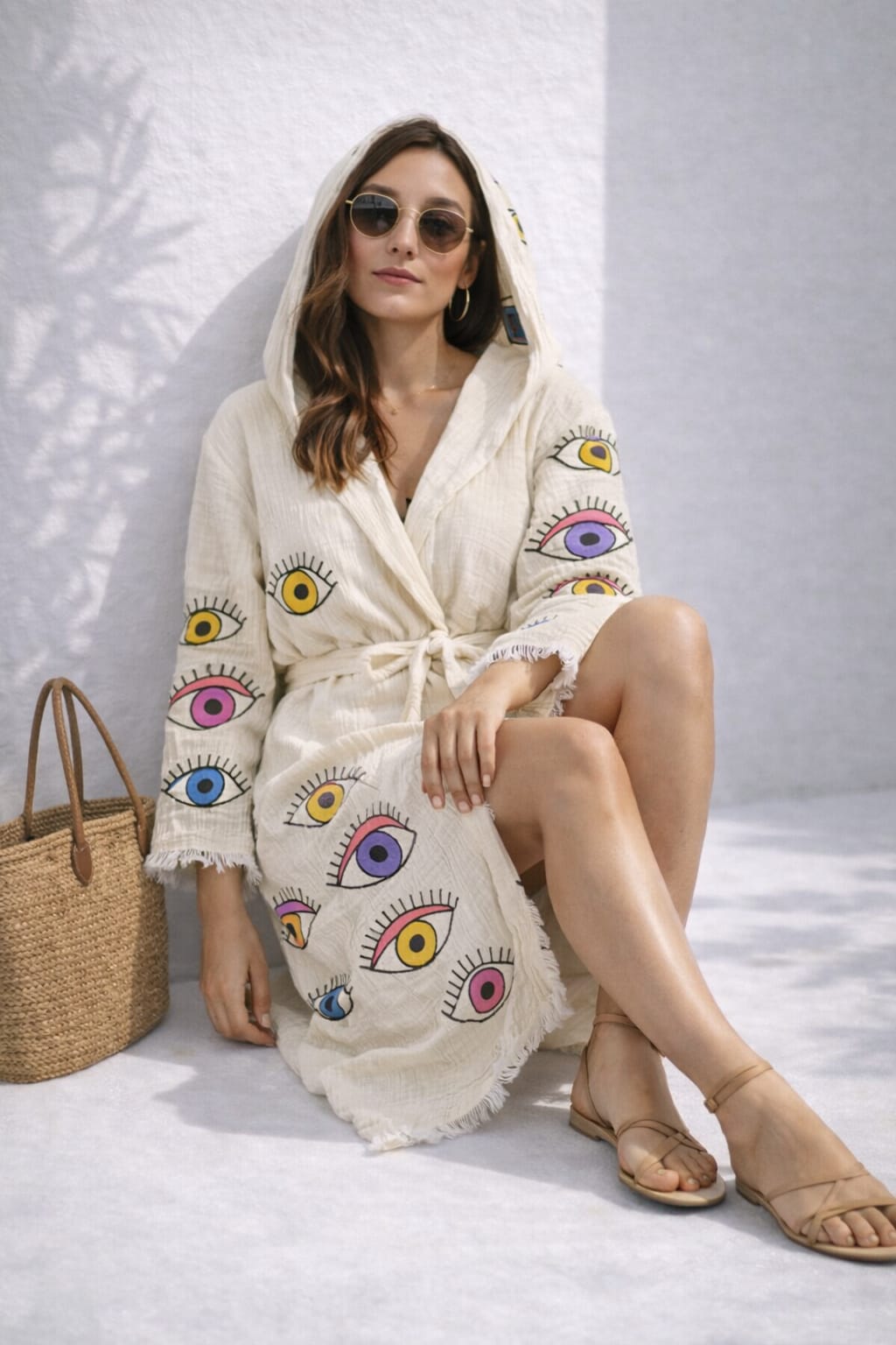 Kadın Müslin Göz Desen Kapüşonlu Bornoz Kimono