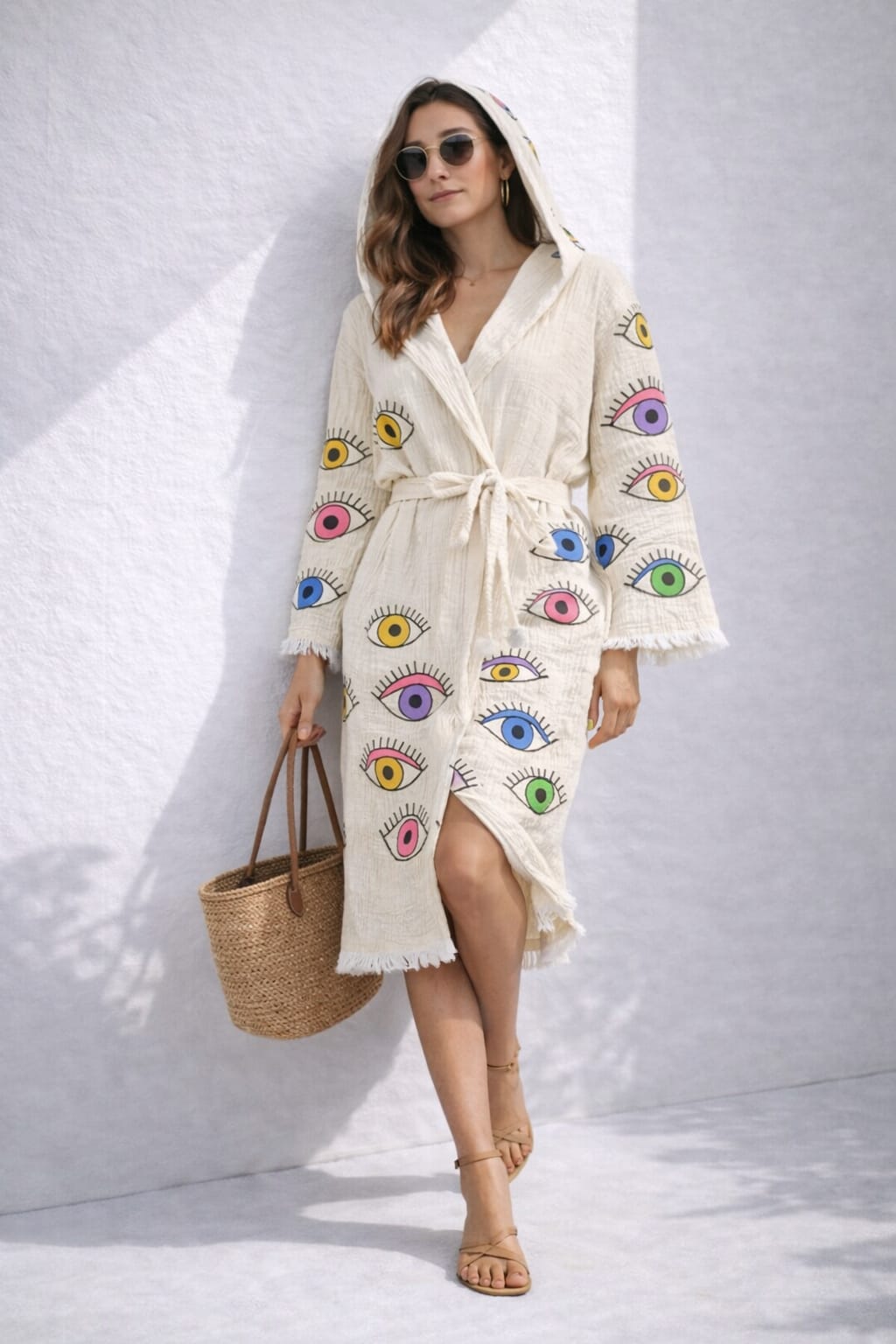 Kadın Müslin Göz Desen Kapüşonlu Bornoz Kimono