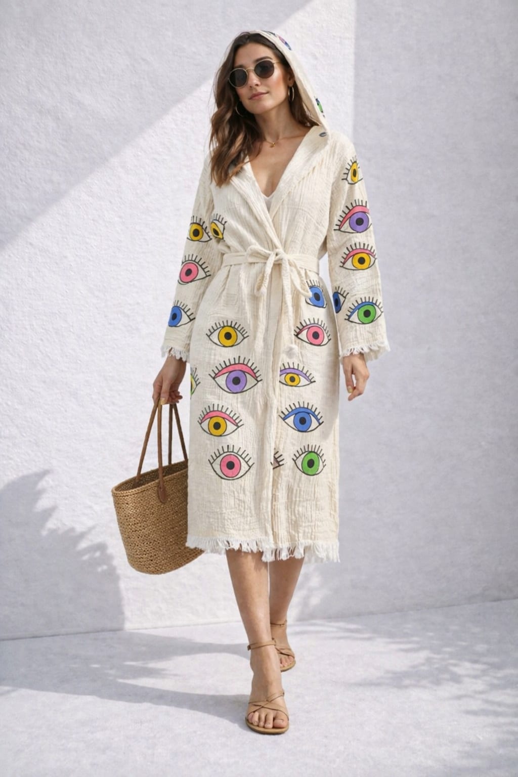 Kadın Müslin Göz Desen Kapüşonlu Bornoz Kimono