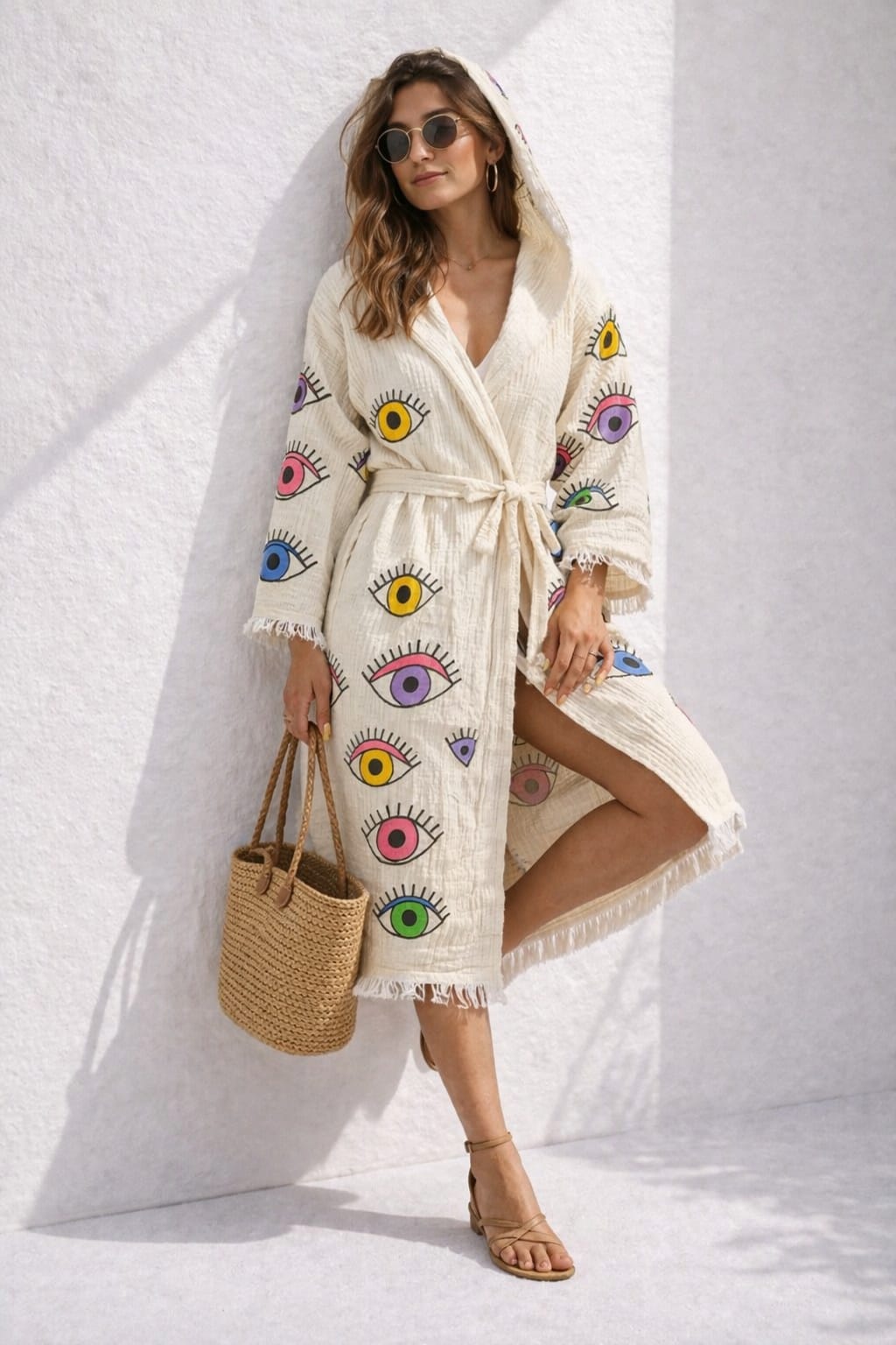 Kadın Müslin Göz Desen Kapüşonlu Bornoz Kimono