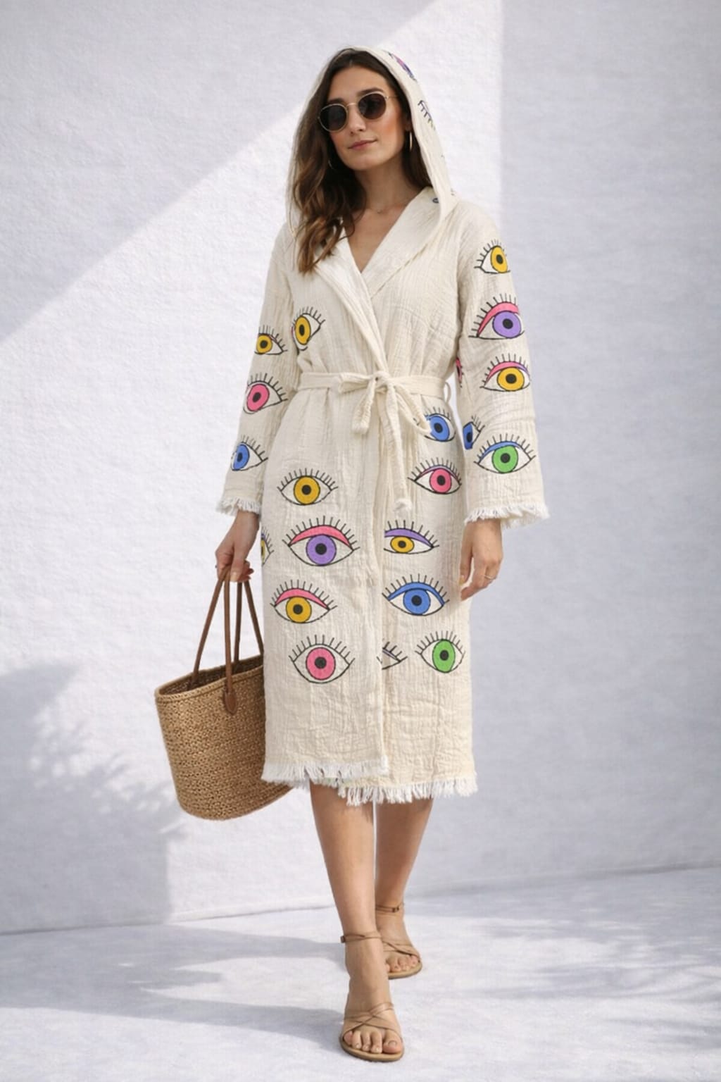 Kadın Müslin Göz Desen Kapüşonlu Bornoz Kimono