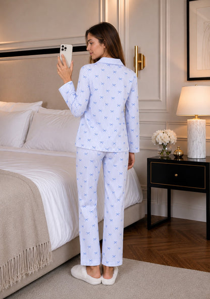 Mavi Çizgili Uzun Kol Fiyonk Desenli Gömlek Yaka Pijama Takımı