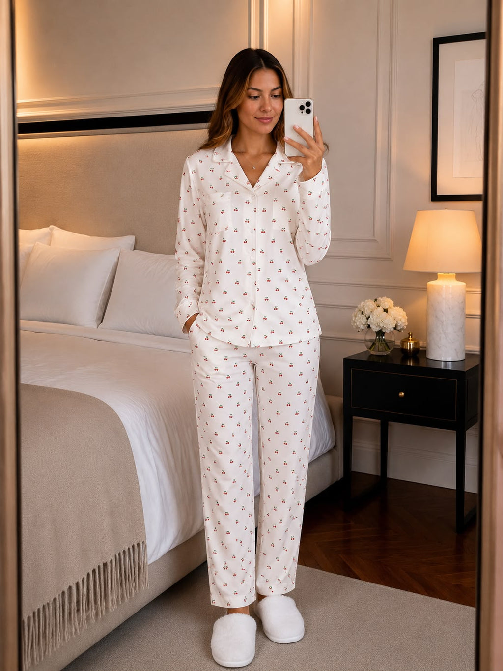 Kadın Cherry Uzun Kol Gömlek Yaka Pijama Takımı
