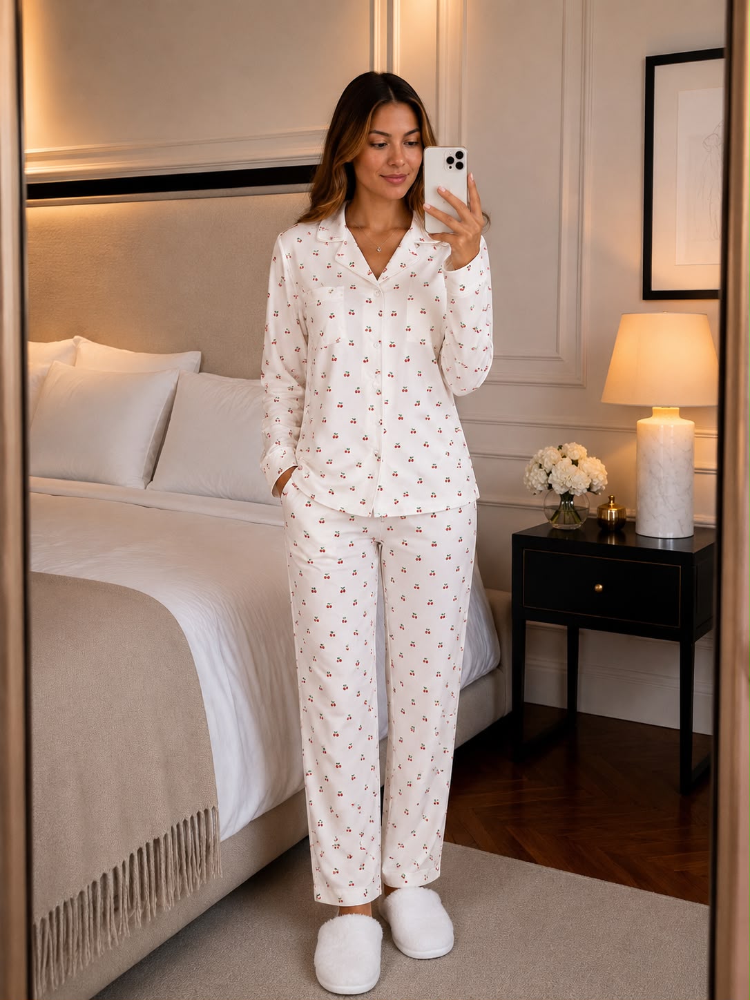 Kadın Cherry Uzun Kol Gömlek Yaka Pijama Takımı