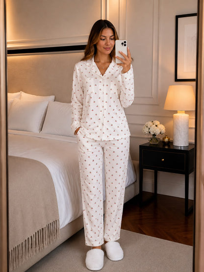 Kadın Cherry Uzun Kol Gömlek Yaka Pijama Takımı