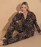Kadın Leopar Desenli Uzun Kol Gömlek Yaka Pijama Takımı