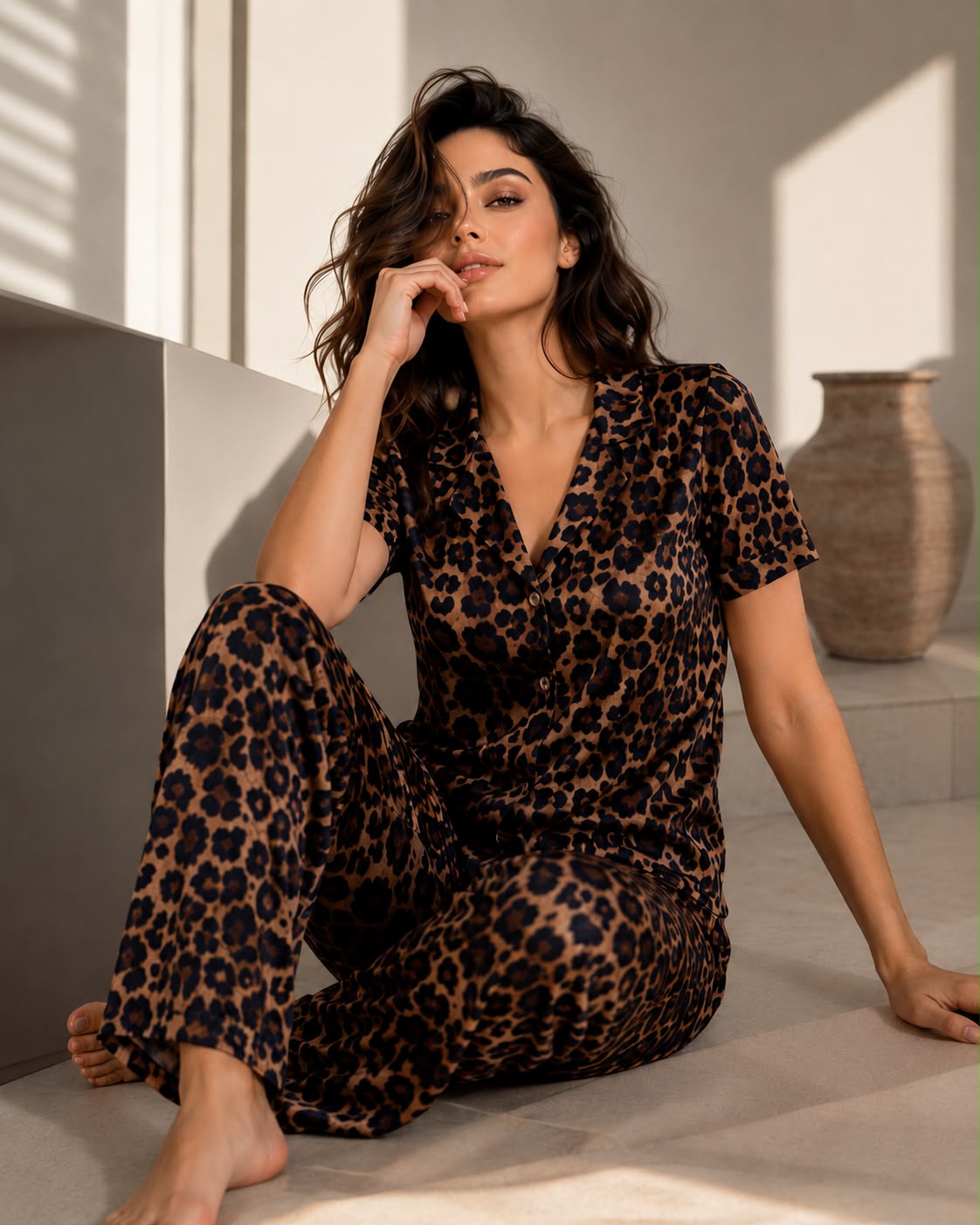 Leopar Desenli Kısa Kol Gömlek Yaka Pijama Takımı