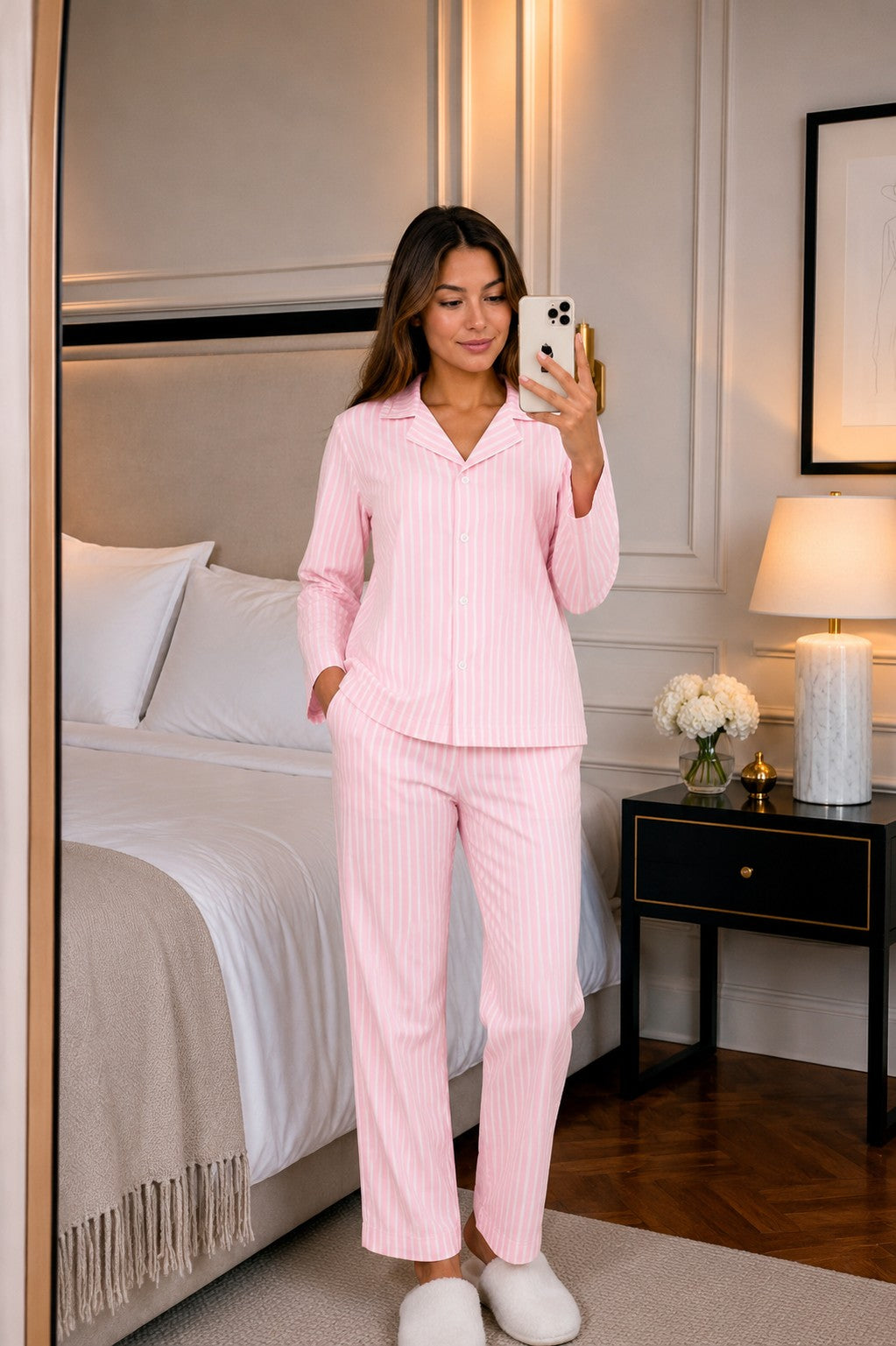 Pembe Çizgili Uzun Kol Gömlek Yaka Pijama Takımı