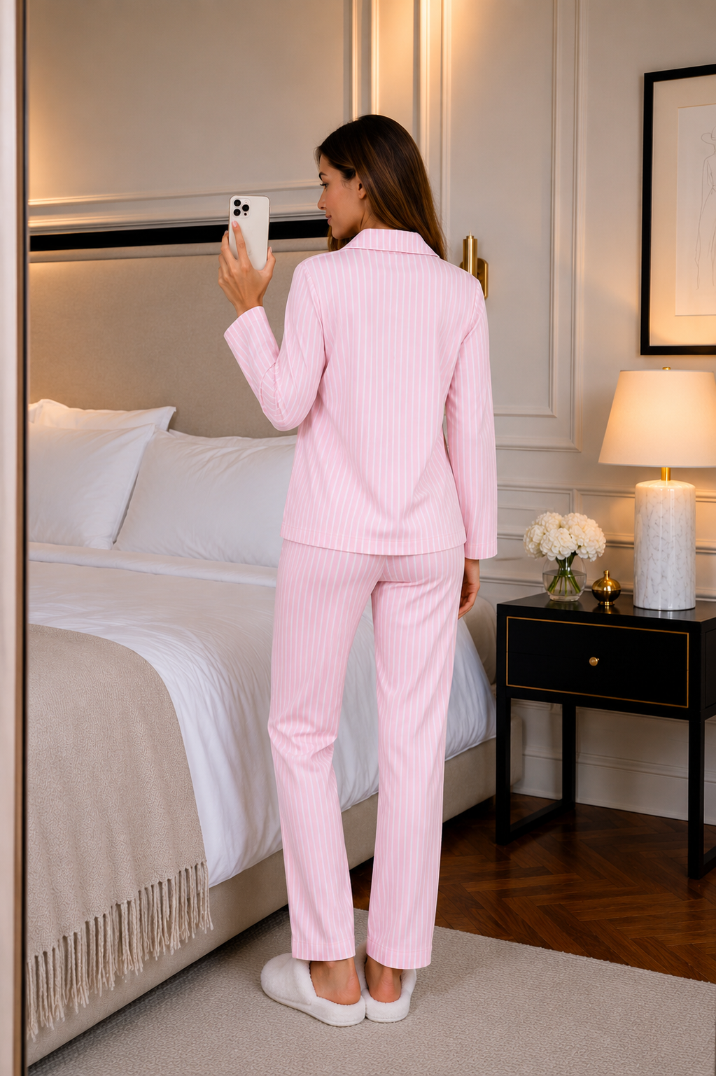 Pembe Çizgili Uzun Kol Gömlek Yaka Pijama Takımı